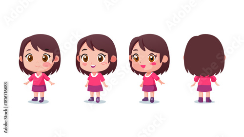 Cute cartoon girl character model sheet with different views emotions poses and expressions happy sad surprised walking standing design asset for animation video game comic book .vector icon