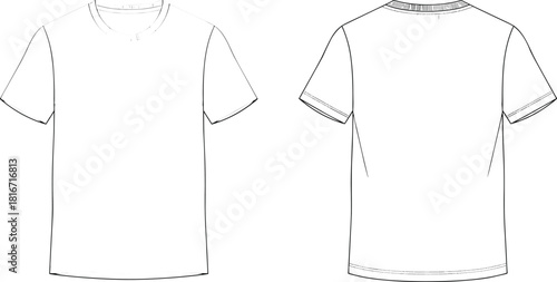 Men's crew neck t-shirt technical fashion flat sketch, front and back view, vector illustration template for apparel design mockups.