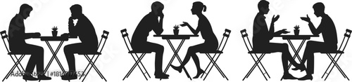 Couple Sitting at Cafe Table Silhouette Vector Set, People Discussing, Thinking, and Communicating Icons for Social Interaction Graphics.