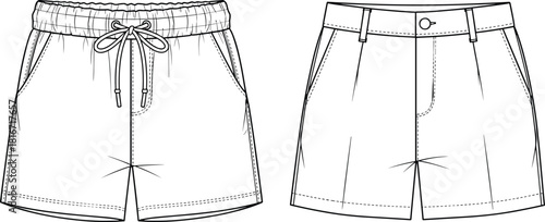 Men's shorts technical drawing set, elastic waistband drawstring trunks and tailored chino shorts, front view, cad drawing flat vector illustration.