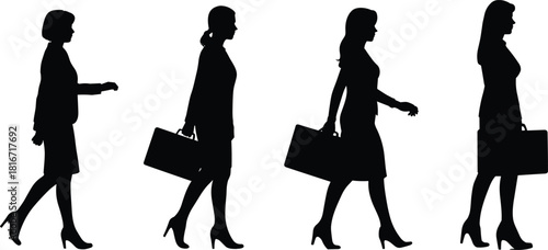 Silhouetted businesswomen walking with handbags, professional female workers in motion, corporate office women illustration, modern career concept