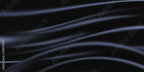 Black dark blue background. Silk satin fabric. Elegant luxury beautiful. Silky shine shimmer silvery. Soft folds. For design.