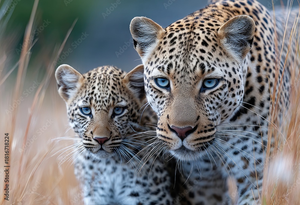 Naklejka premium a leopard and her cub walking through the grass