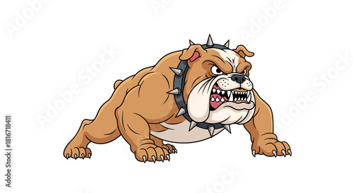 Aggressive cartoon bulldog wearing a spiked collar ready to attack.
