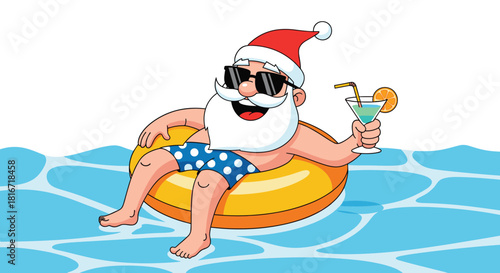 Santa Claus relaxing in a pool with a drink on a yellow inflatable ring during summer.