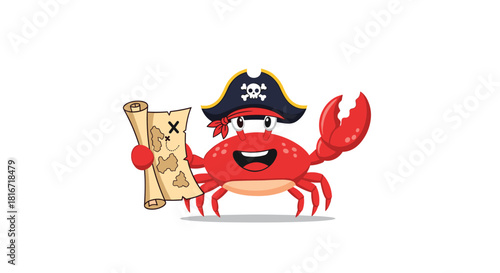 Cartoon pirate crab holding a treasure map with an X marking the spot.