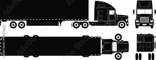 Eighteen-Wheeler Truck and Dry Van Trailer Vector Blueprint, Heavy Goods Vehicle Black Silhouette, Technical Side Top and Front View Diagram.