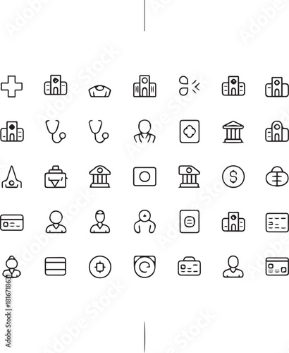 Minimalist Line Art Icon Set: Healthcare, Finance, and Business Symbols.