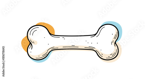 Cartoon illustration of a dog bone with colorful abstract shapes in the background.