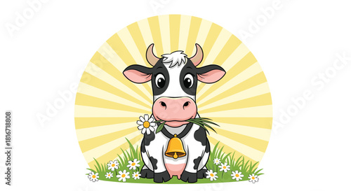 Cute cartoon cow sitting in grass eating a daisy with a bell around its neck.