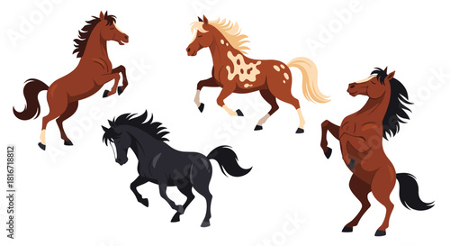 A group of four cartoon horses in different colors and poses against a white background.
