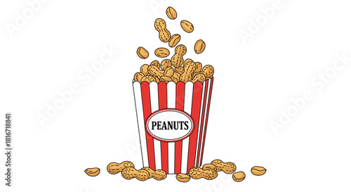A cartoon illustration of a red and white striped popcorn box overflowing with peanuts and some scattered on the ground.