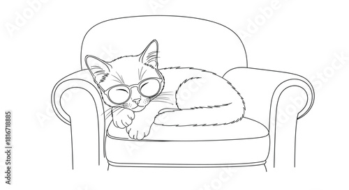 Cute cat wearing round glasses sleeping peacefully on a comfy armchair.