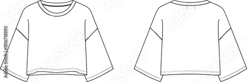 Oversized crop top technical drawing, drop shoulder long sleeve t-shirt fashion flat sketch, front and back CAD vector illustration