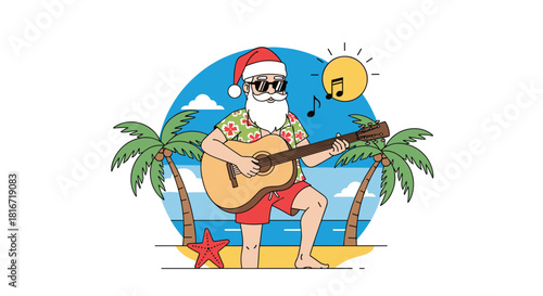 Santa Claus playing guitar on a tropical beach with palm trees and a starfish.