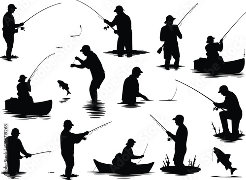 Fishing silhouettes, fisherman casting line, boat fishing, catching fish, outdoor activity, lake fishing, river angler, fishing pose, nature sport, black and white illustration