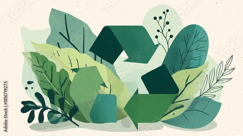 stylized flat illustration of a recycling icon surrounded by abstract leafy elements and organic shapes, in a soft green and earthy color palette, ideal for eco design visuals. Copy space on 