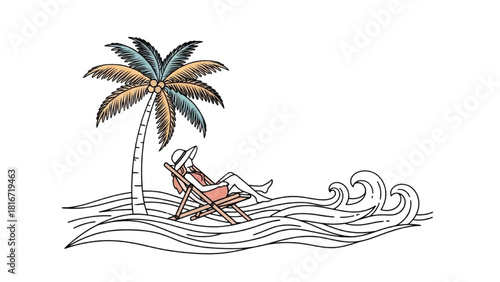 Beach Relaxation Line Art – Person on Chair Under Palm Tree with Flowing Waves