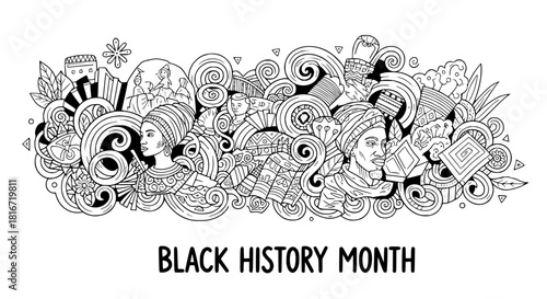 Black History Month hand-drawn doodle illustration vector banner, featuring African culture symbols, historical figures, and abstract elements in a detailed, artistic line-art style, suitable for educ