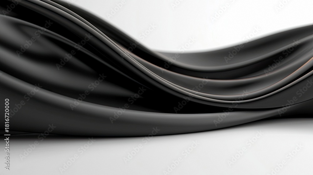 Obraz premium A close-up, abstract view of smooth, flowing black fabric with elegant curves and folds, set against a clean, bright white background. The lighting is soft and