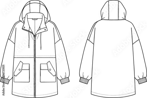 Oversized hooded parka fashion CAD drawing flat vector illustration, zip up jacket with flap pockets, ribbed cuffs, technical sketch template.