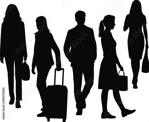 Silhouettes of business people walking with bags and luggage, professional travelers illustration, modern corporate and travel concept