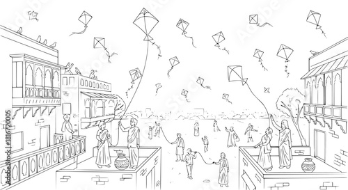 Vibrant community celebration: people of all ages gather on rooftops to fly colorful kites against a clear sky, enjoying a traditional festival day in an Indian or Pakistani town.