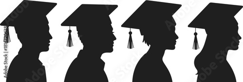 Four diverse graduates in profile silhouettes wearing traditional mortarboard caps and tassels, symbolizing educational success, future career, and commencement celebration.