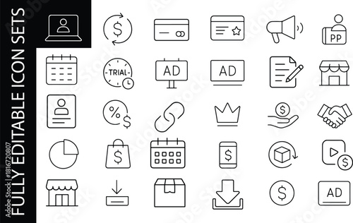 Fully editable marketing and e-commerce line icon set featuring ads, payments, subscriptions, user profiles, stores, and business outline symbols.