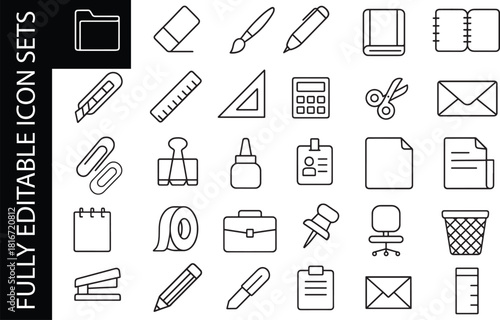 Fully editable office stationery and workspace line icon set featuring documents, tools, writing items, and organization outline symbols.