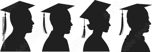 Four graduation silhouettes, male and female students in profile wearing academic caps with tassels, symbolizing success, education, and achievement.
