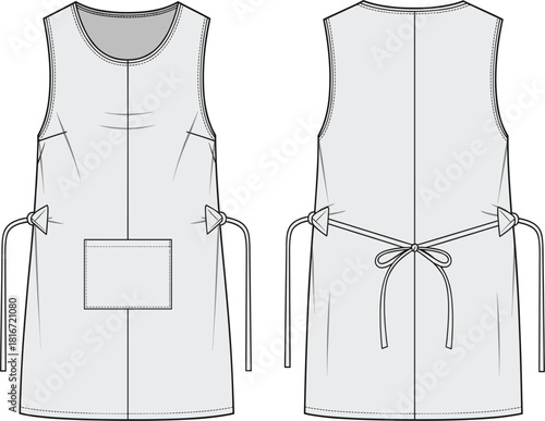 Bib apron technical flat sketch vector, front and back view, uniform smock with patch pocket and waist ties, apparel design template for chef or workwear