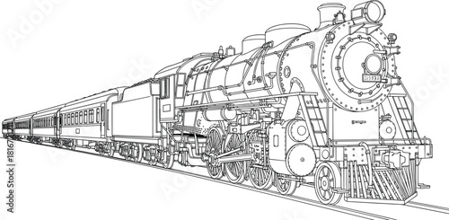Perspective view of vintage steam train locomotive with passenger wagons, black and white vector outline illustration for coloring book page design.