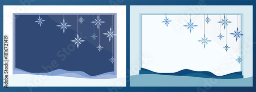 A  winter in snow hills in a layered paper-cut style in 3d frame. Perfect for festive and seasonal, greeting card, celebration designs.