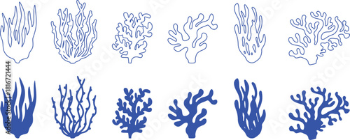 Hand-drawn seaweed and coral silhouettes for ocean-themed design. Organic underwater plant shapes ideal for marine illustrations. Unique aquatic elements for creative artwork.