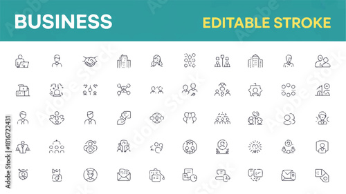 A comprehensive collection of minimalist line icons representing various aspects of business and corporate life for digital and print use