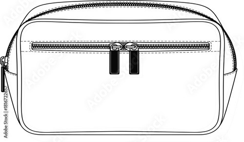 Toiletry bag technical flat sketch vector, zipped rectangular pouch template, dopp kit or accessories case for travel, cosmetic, and luggage design mockup