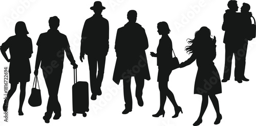 Silhouettes of diverse people walking and traveling with luggage, family and commuter illustration, modern urban lifestyle concept