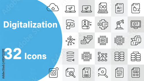 A clean and minimalist set of line icons for digitalization, representing concepts like big data, AI, cloud computing, and automation