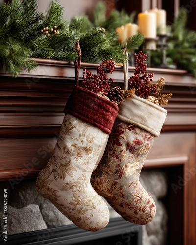 Two decorative holiday stockings filled with winter berries hang from a wooden mantelpiece