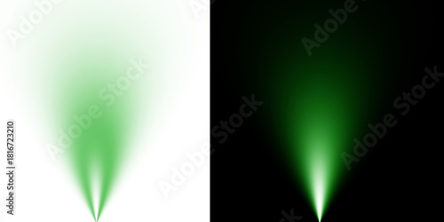 Green Spotlight Beam Effect, Glowing Emerald Ray Cone Overlay, Vertical Light Projection on Transparent Background
