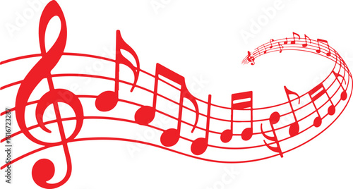 Curved Musical Staff Red Notes Design