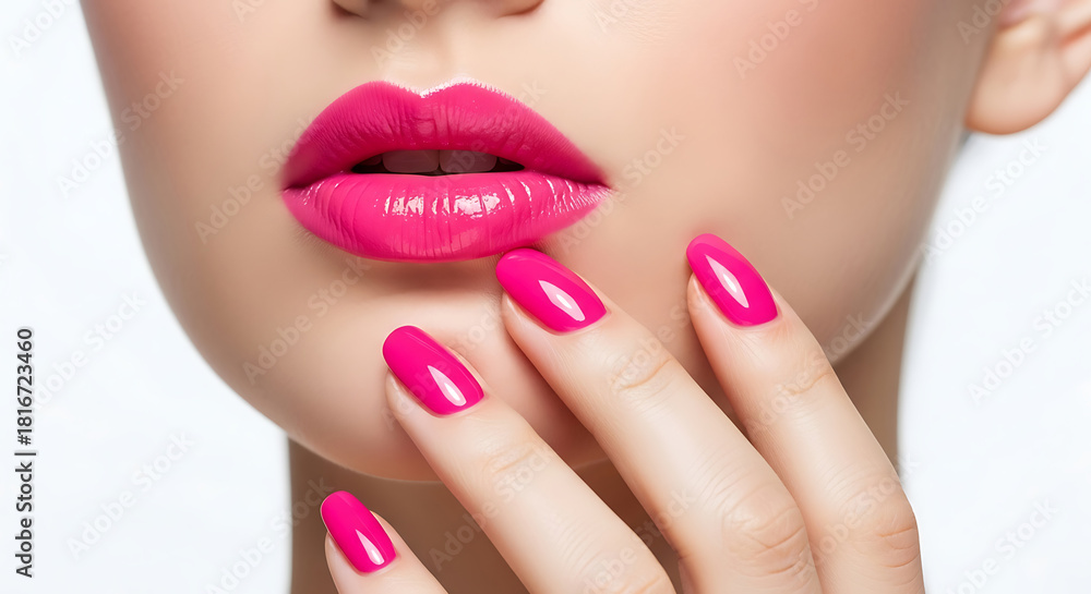Obraz premium Pink lips and manicured nails close up mouth lipstick