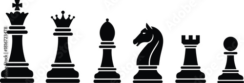 Black chess pieces set silhouette vector illustration: king, queen, bishop, knight, rook, and pawn for strategy and game concept