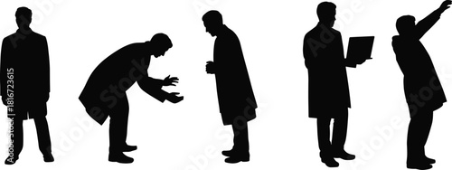 Silhouettes of male scientists in lab coats performing various gestures, research professionals illustration, scientific activity concept graphic