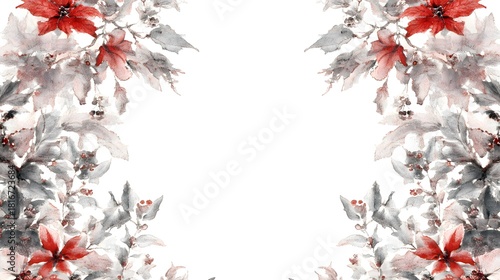 Watercolor style floral border features red blossoms and muted foliage on a white background