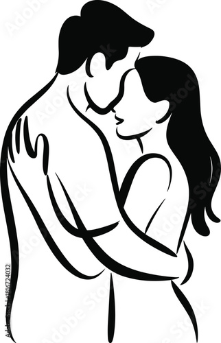 Black and white line art of a couple embracing embrace