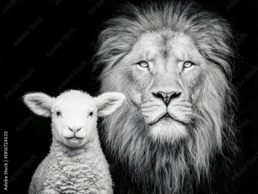 Fototapeta premium Black and white portrait of a majestic lion and a curious lamb side by side on a dark background capturing contrast between strength and innocence