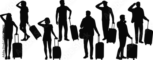 Silhouettes of travelers standing with rolling suitcases, people waiting with luggage, travel concept illustration, modern tourist figures