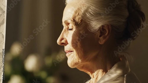 Elderly Woman's Profile Gazing Out Window with Sunlight Patterns and Lace Curtain Soft Light Illuminated Serene Expression Peaceful Contemplation